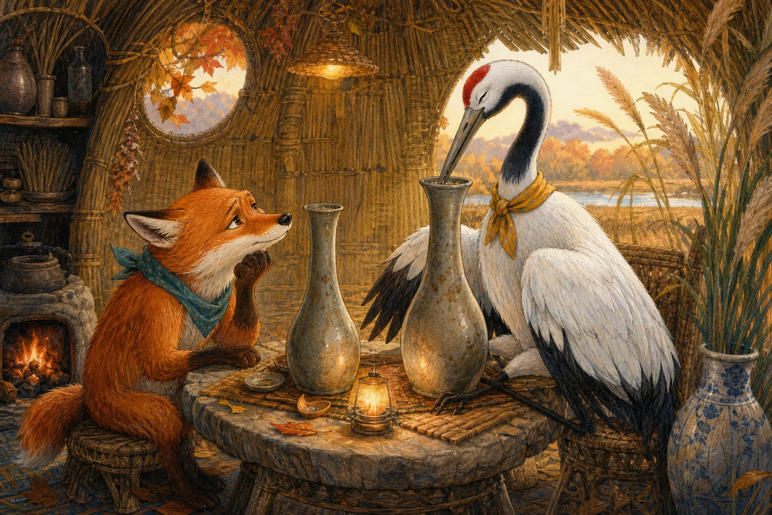 ほそながい うつわから つるが すうぷを のみ きつねが こまる ところ