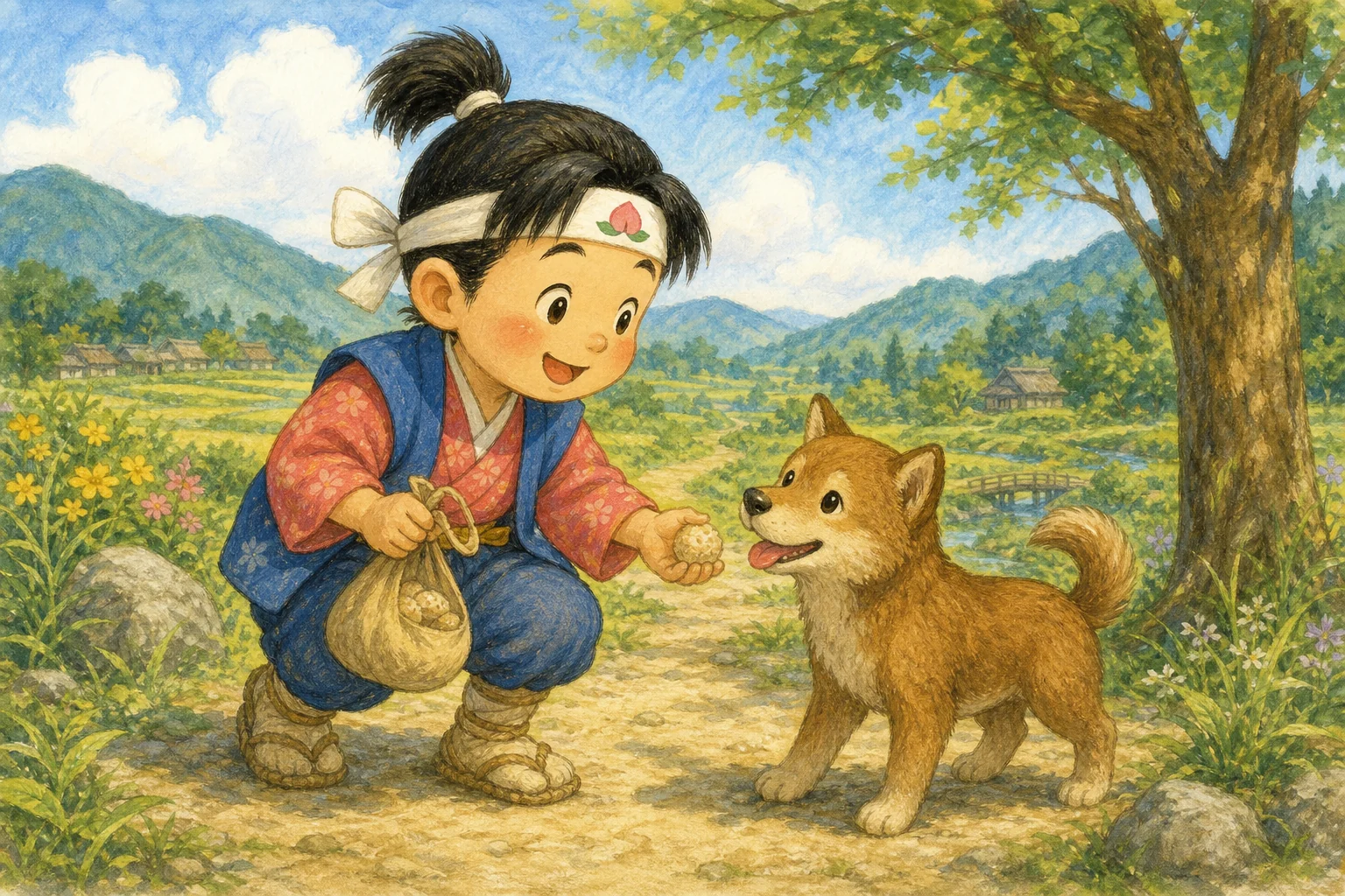 ももたろうが いぬに きびだんごを わける ところ
