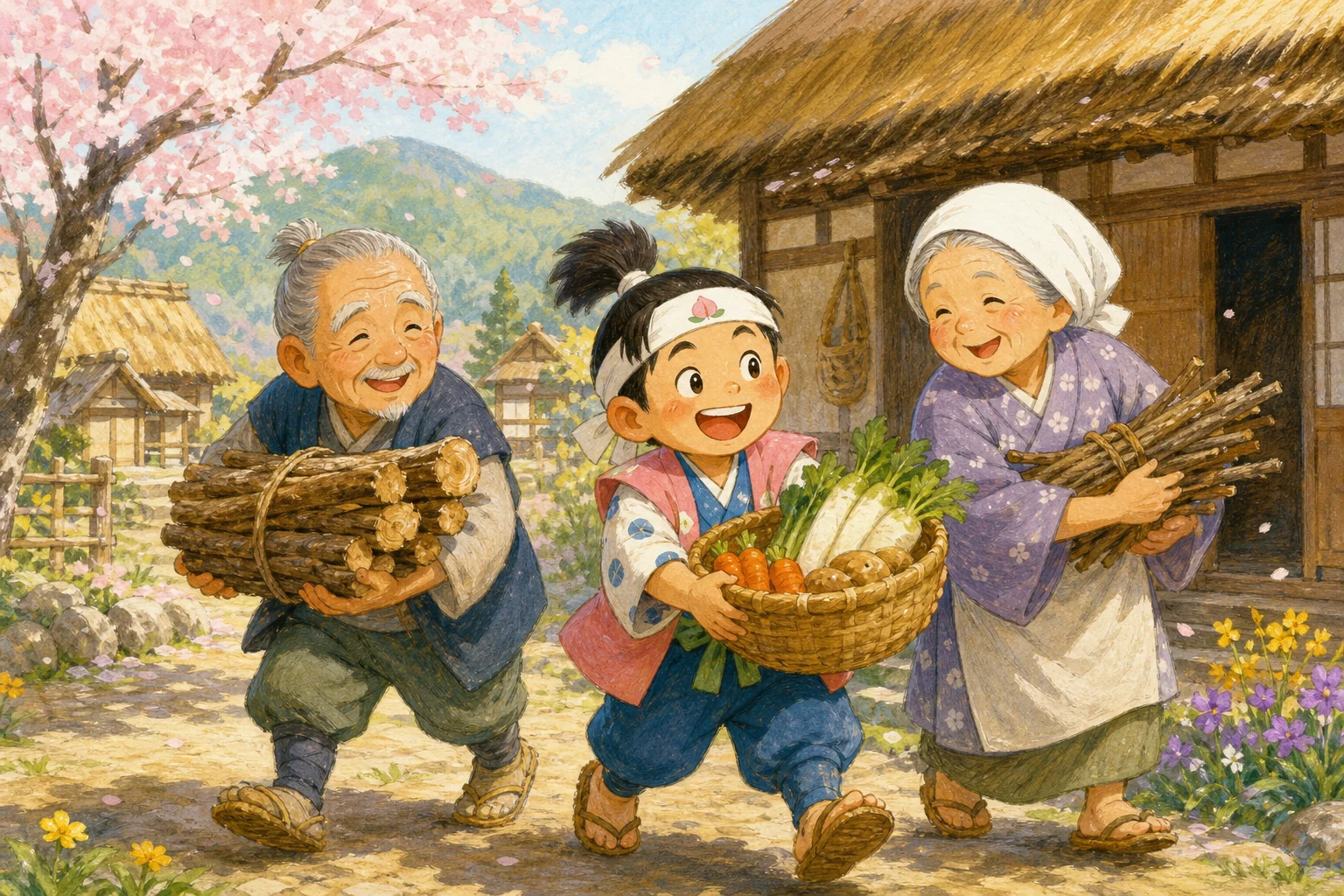 ももたろうが おじいさんと おばあさんの しごとを てつだう ところ